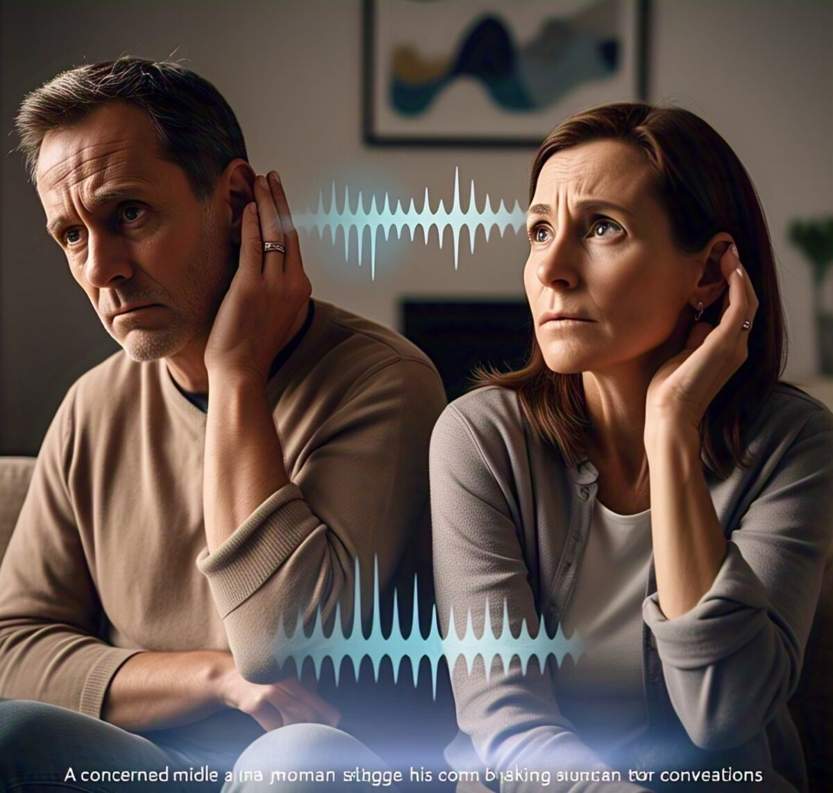 A middle-aged couple sitting in a living room, struggling to hear conversations, with subtle sound wave icons in the background, illustrating hearing loss and the importance of hearing health awareness