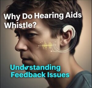 Illustration of a person wearing a hearing aid, with sound waves forming a loop to represent feedback and whistling issues, accompanied by the text 'Why Do Hearing Aids Whistle? Understanding Feedback Issues'