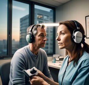 Illustration of a healthcare professional conducting a hearing test on an adult patient, highlighting the importance of regular hearing screenings for adults over 40 to detect hearing loss and prevent related health issues.