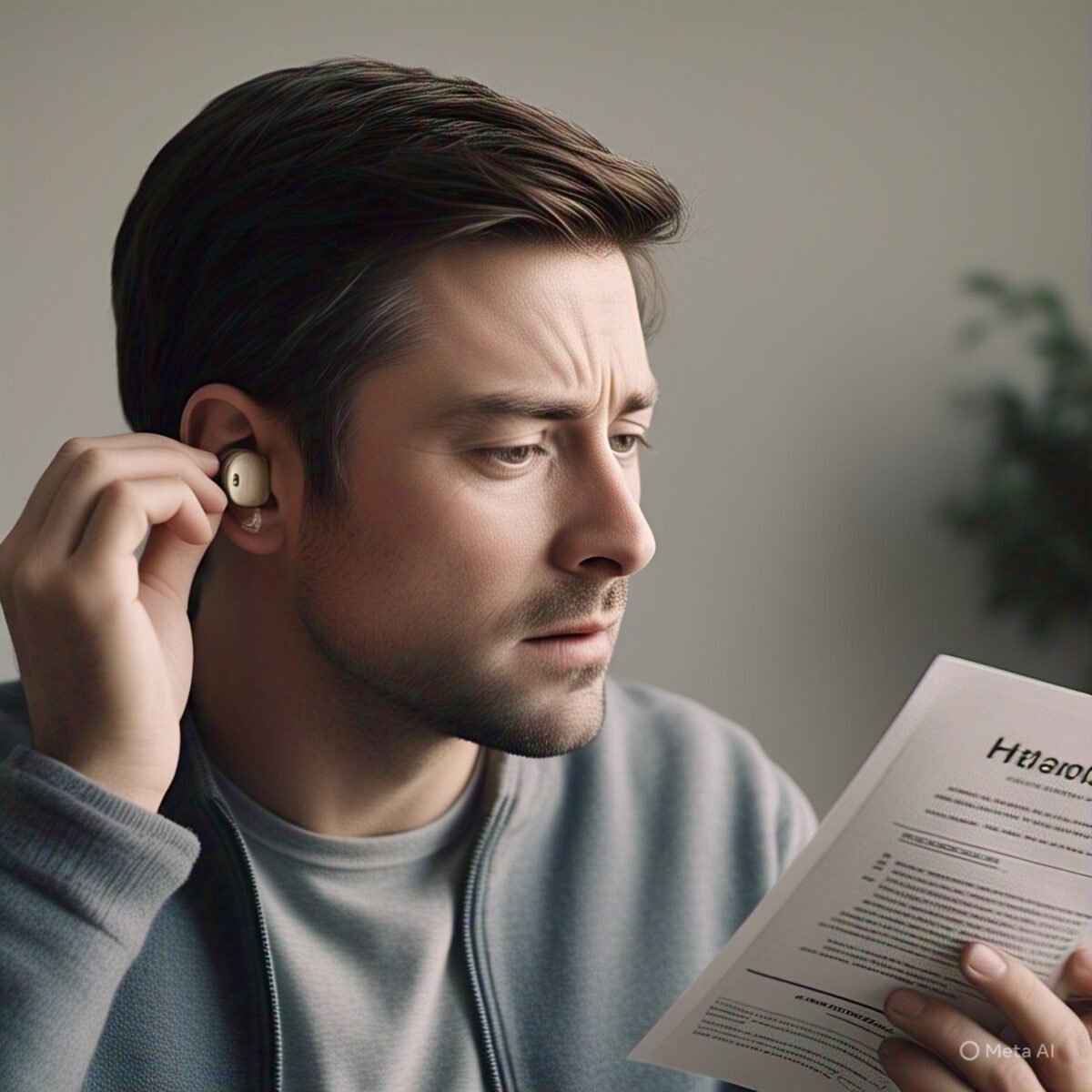 A person is inserting hearing aid into their ear while holding a document in their hand, with a neutral background and looking hearing aid price.