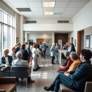 A busy waiting area with several people standing and sitting, interacting and waiting near a reception desk bathed in natural light. Hearing Clinic