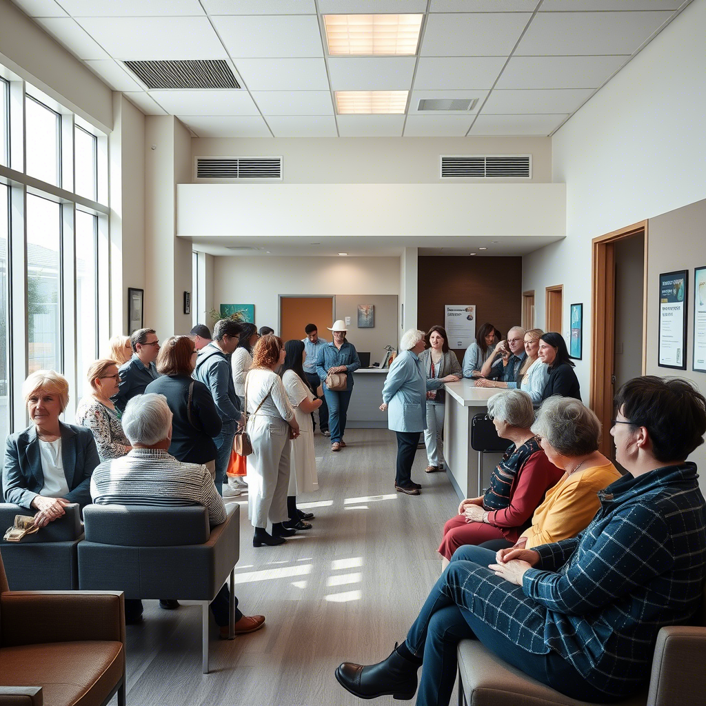 A busy waiting area with several people standing and sitting, interacting and waiting near a reception desk bathed in natural light. Hearing Clinic