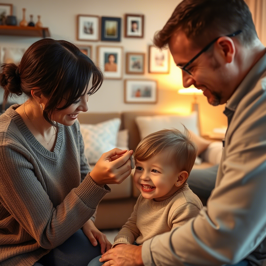 A family sits together at home, with a woman gently interacting with a child, while a man observes, in a cozy, warmly lit space. Help Came Home