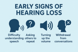 Infographic listing early signs of hearing loss: difficulty understanding speech, asking for repetition, increasing volume, and withdrawing from conversations.