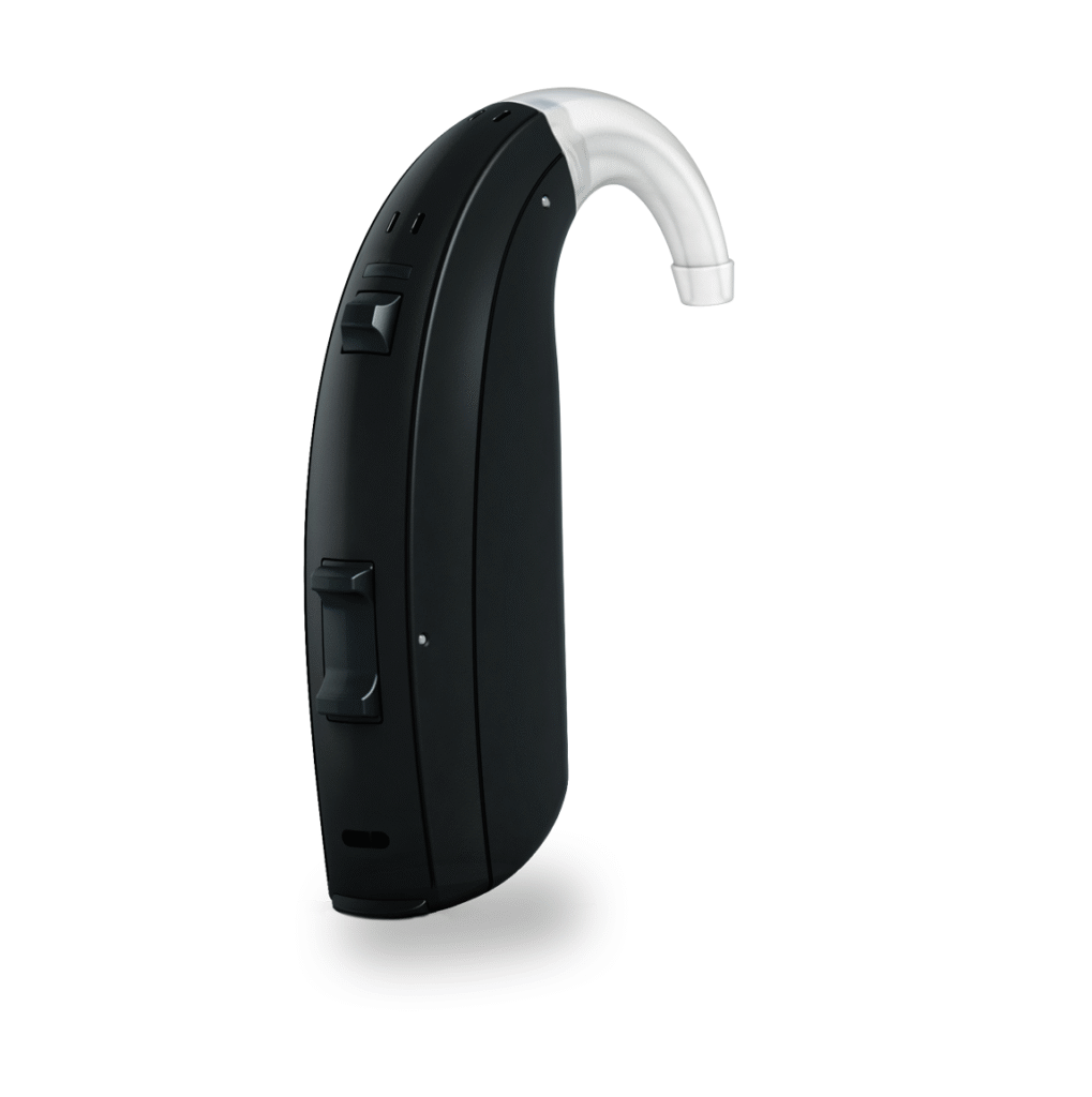 A sleek black behind-the-ear hearing aid with a silver microphone tip, featuring adjustable buttons on the side. Beltone Boost Ultra