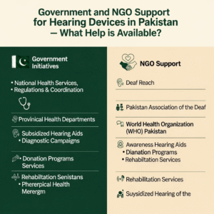 Infographic detailing government and NGO support for hearing devices in Pakistan, listing services and organizations available for assistance.