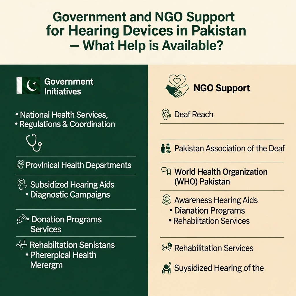 Infographic detailing government and NGO support for hearing devices in Pakistan, listing services and organizations available for assistance.