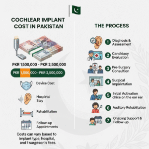Infographic detailing cochlear implant costs in Pakistan (PKR 1.5M - 2.5M) and the process including assessment, surgery, and rehabilitation.
