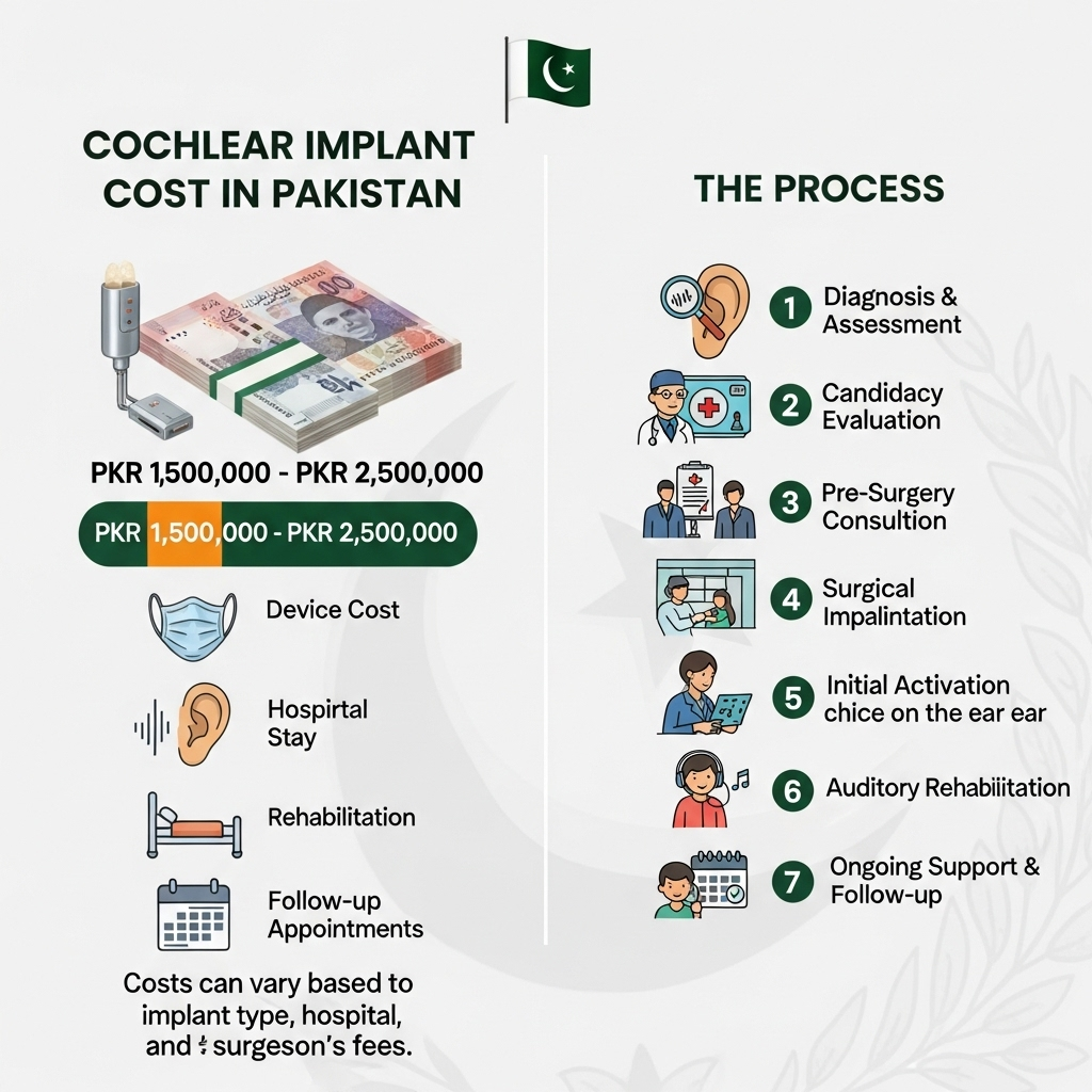 Infographic detailing cochlear implant costs in Pakistan (PKR 1.5M - 2.5M) and the process including assessment, surgery, and rehabilitation.