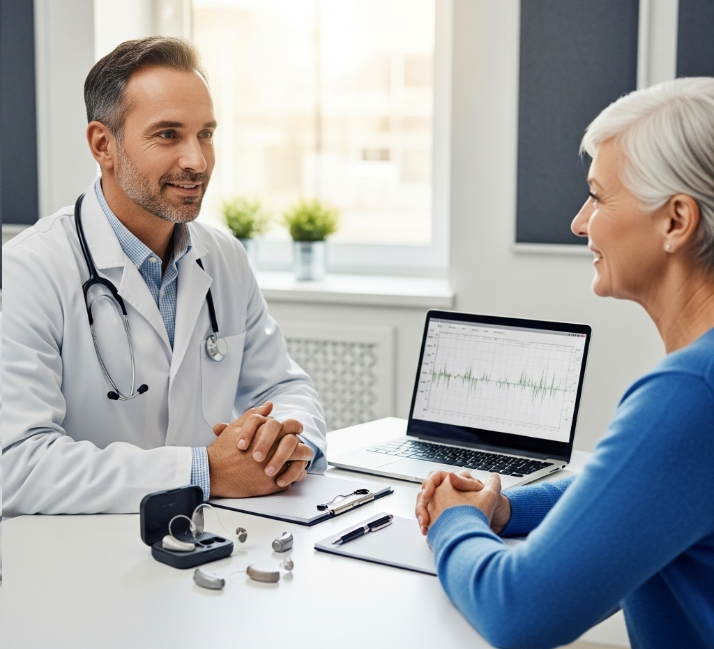 A Audiologist in a white coat consults with an elderly woman in a blue sweater, discussing hearing aids and health on a laptop.