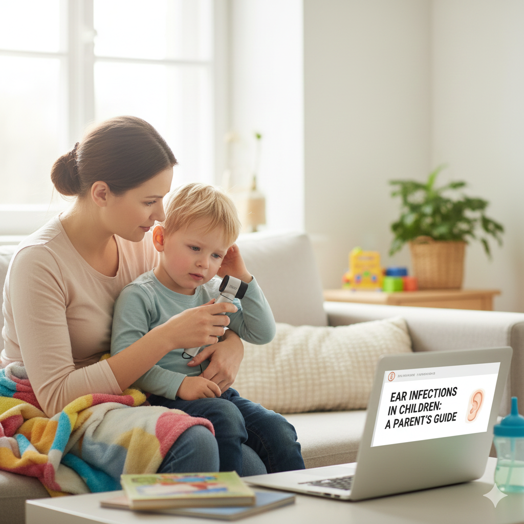 A parent holds a child while looking at a laptop displaying a guide on ear infections in children, seated on a cozy sofa. Ear Infections in Children