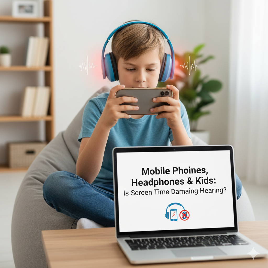 A child wearing blue headphones sits on a couch, focused on a phone, with a laptop displaying concerns about screen time and hearing. Screen Time