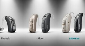 Four hearing aids displayed: Phonak (black), Oticon (gold and gray), and Siemens (black), showcasing their various designs and features. Phonak vs Oticon vs Siemens