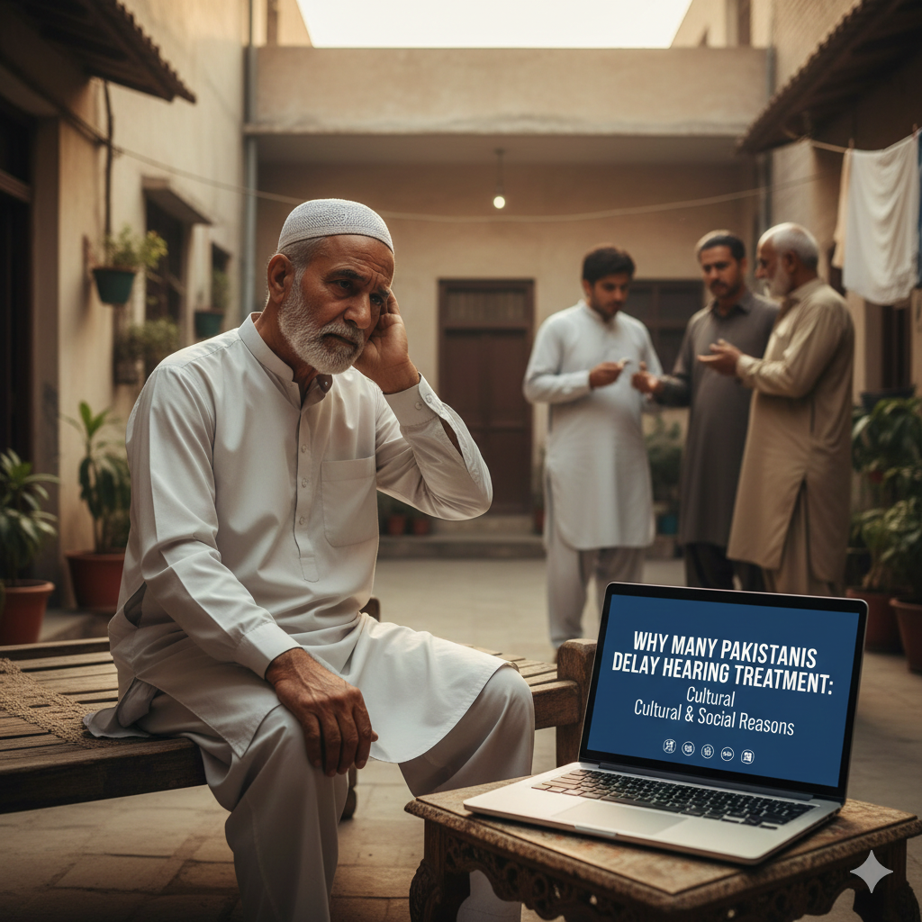 An elderly man sits on a bench looking pensive, while a laptop displays text about cultural reasons for delaying hearing treatment.
