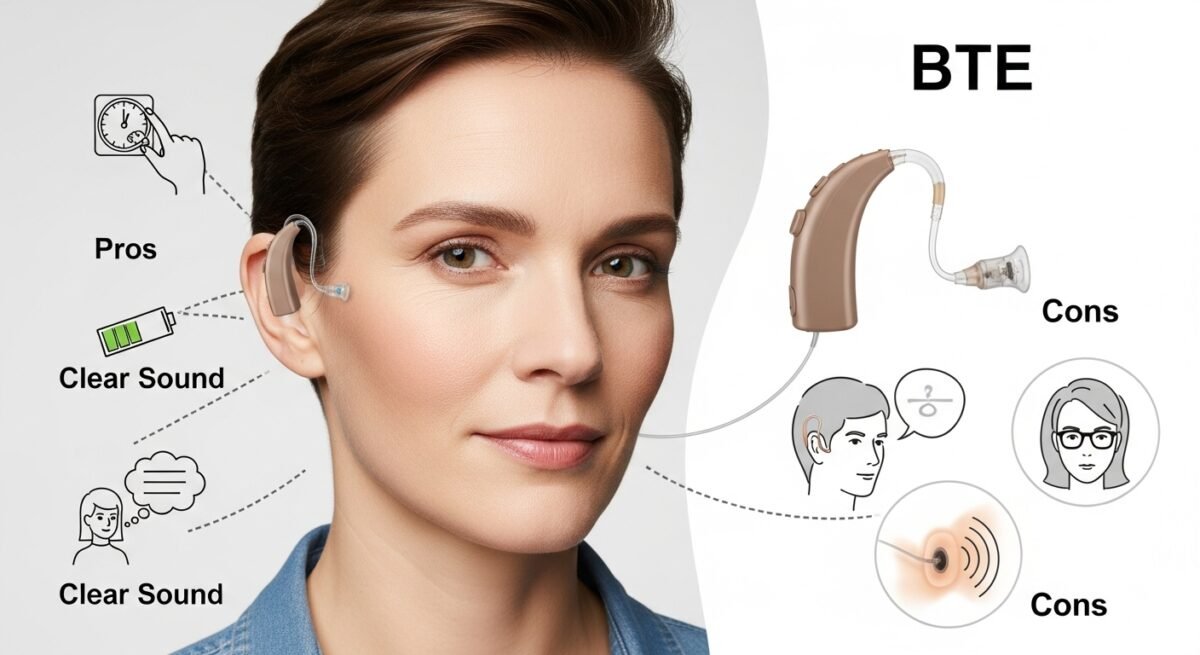 BTE hearing aid displayed with pros (clear sound, battery life) and cons (comfort, visibility) illustrated in icons and text.
