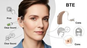 BTE hearing aid displayed with pros (clear sound, battery life) and cons (comfort, visibility) illustrated in icons and text.