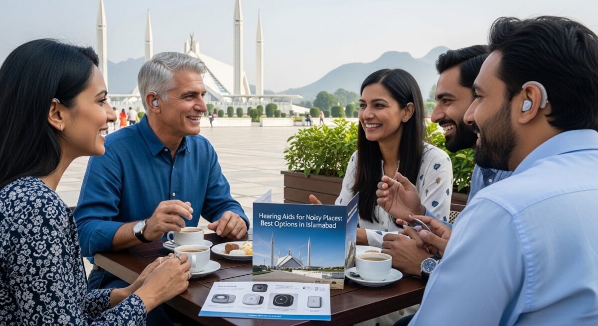 A group of people seated at a table outdoors, discussing hearing aids, with a prominent landmark in the background.