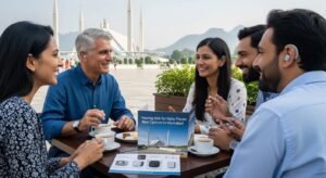 A group of people seated at a table outdoors, discussing hearing aids, with a prominent landmark in the background.