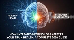 Illustration contrasting a healthy brain with another affected by untreated hearing loss, featuring informative text on brain health.