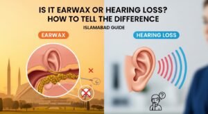 Illustration comparing earwax and hearing loss, featuring diagrams of an ear with earwax and sound waves indicating hearing issues. Hearing Loss