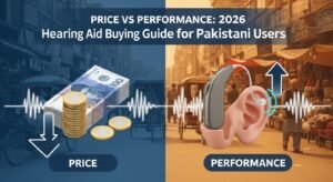 Graphic comparing price and performance of hearing aids, with money and sound waves, titled "2026 Hearing Aid Buying Guide for Pakistan."