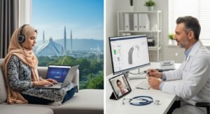 A woman in headphones uses a laptop, overlooking a scenic view, while an audiologist consults a patient via a tablet. Hearing Care