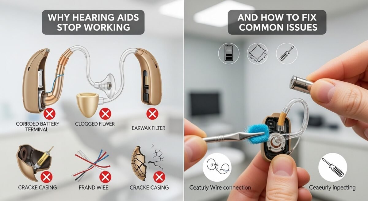 Illustration showing common issues with hearing aids on the left and how to fix them on the right, including cleaning and inspection tips. g Aids Stop Working