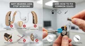 Illustration showing common issues with hearing aids on the left and how to fix them on the right, including cleaning and inspection tips. g Aids Stop Working